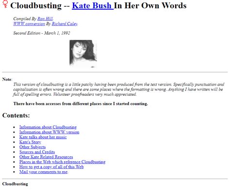 Cloudbusting - Kate Bush In Her Own Words in 1992 - Web Design Museum