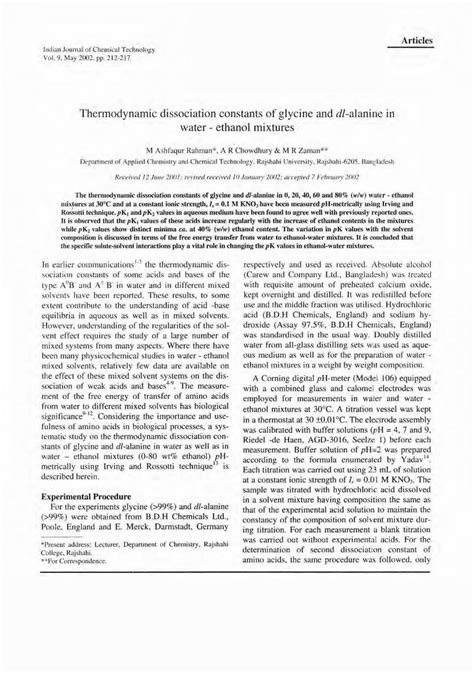 Pdf Thermodynamic Dissociation Constants Of Glycine And Dl Nopr