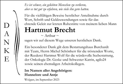 Traueranzeigen Von Hartmut Brecht Trauer Anzeigen De