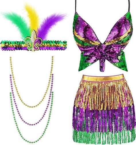 6 Pcs Mardi Gras Sequin Butterfly Tops Skirt For Women Mardi Gras Costume Accessory