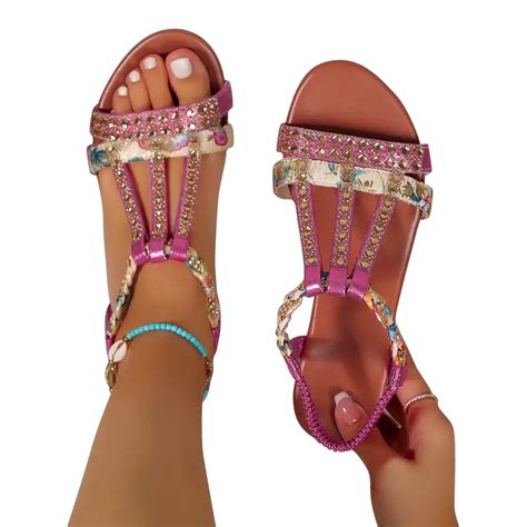 Lovskoo Women S Wedge Sandals Open Toe Rhinestone Summer Bohemian