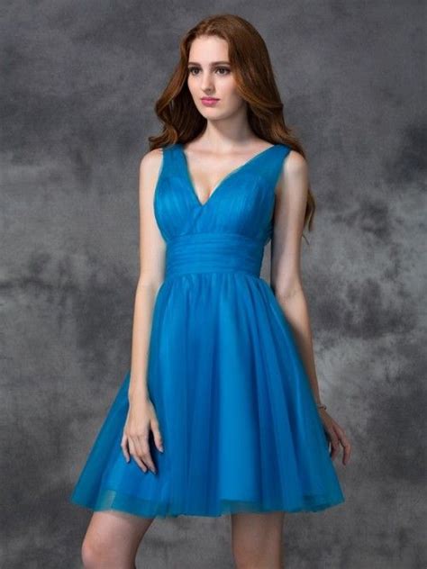 A Lineprincess V Neck Sleeveless Short Satin Bridesmaid Dresses Short Royal Blue Bridesmaid