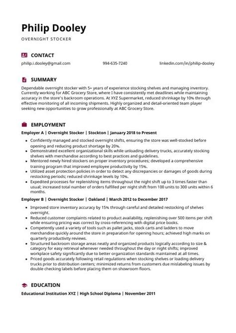 Overnight Stocker Resume CV Example And Writing Guide