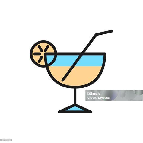 Cocktail Glas Platte Kleur Lijn Pictogram Geïsoleerd Op Witte Achtergrond Stockvectorkunst En