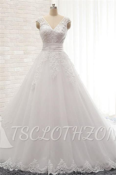 Tsclothzone Affordable V Neck Tulle Lace Wedding Dress A Line