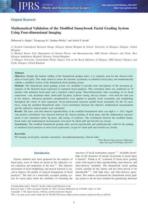 Pdf Mathematical Validation Of The Modified Sunnybrook Facial Grading