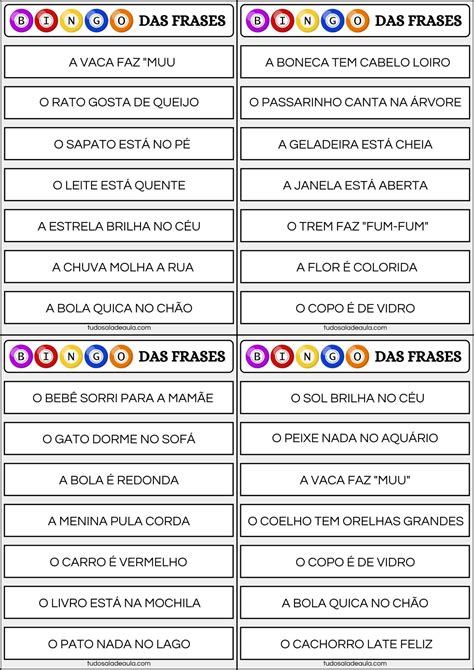 Bingo das Frases - Atividade Lúdica para Imprimir - Tudo Sala de Aula