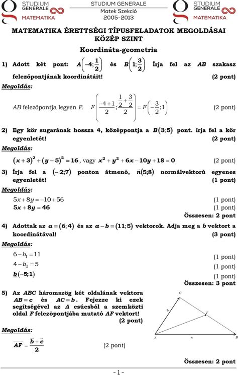 MATEMATIKA ÉRETTSÉGI TÍPUSFELADATOK MEGOLDÁSAI KÖZÉP SZINT Koordináta