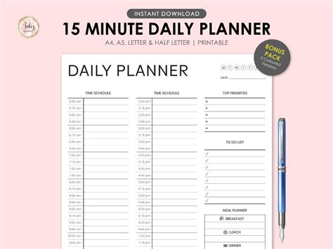 15 Minute Planner, Meal Planner Printable, Daily Planner Printable ...