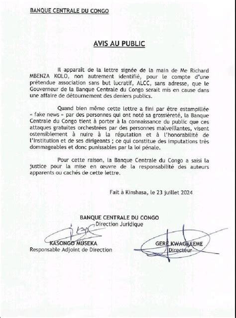 RDC La Direction Juridique De La Banque Centrale Qualifie De Fake