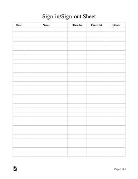 Printable Sign Out Sheet Template