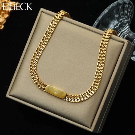 EILIECK 316L Stainless Steel Gold Color Geometry Chain Necklace For