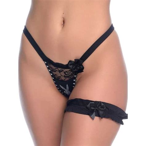 Calcinhas Sexy Fio Dental Lingerie Sexy Perneira Playboy Preta