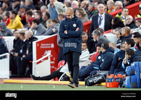 Manchester City Manager Pep Guardiola Appears Dejected During The Premier League Match At