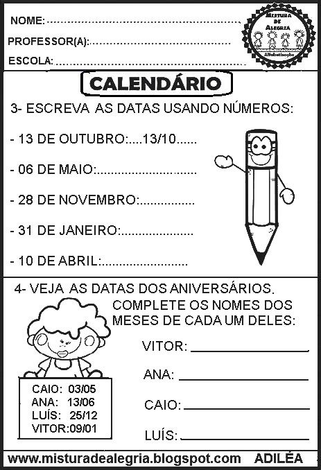 ATIVIDADE DE MATEMÁTICA CALENDÁRIO ATIVIDADES ANOS INICIAIS A BNCC