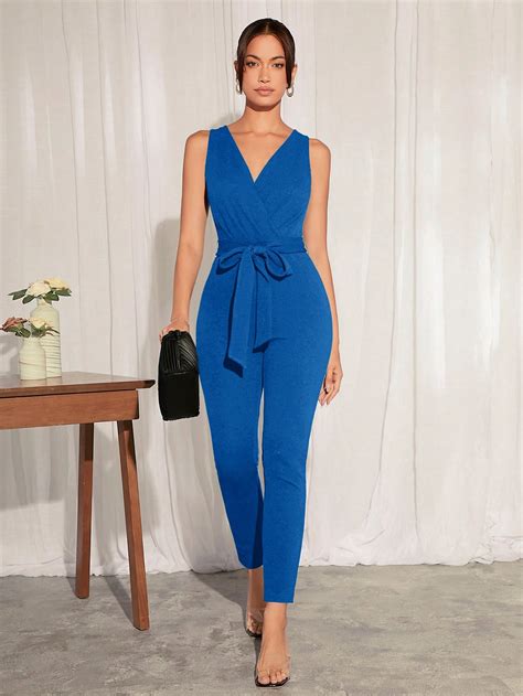 SHEIN BIZwear Surplice Neck Belted Unitard Jumpsuit Workwear SHEIN USA