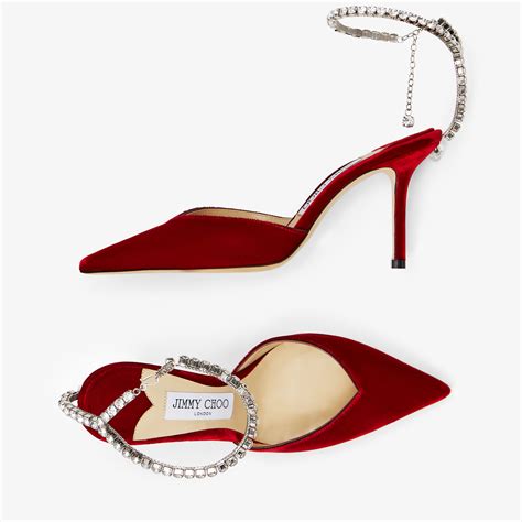 SAEDA 85 Red Velvet Pumps With Crystal Embellishment Winter 2022