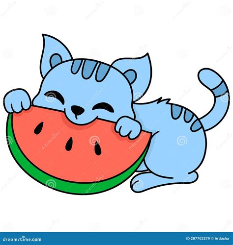 Cute Pet Cat Eating Watermelon Fruit, Doodle Kawaii. Doodle Icon Image ...