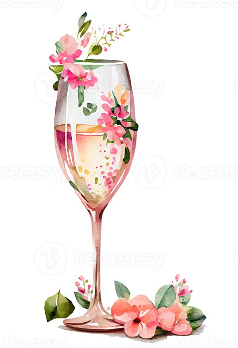 Watercolor Pink Wine Glass With Roses Card Design For Valentines Day Champagne Glass With