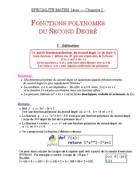 1ERES SPE MATHS CHAPITRE I FONCTIONS POLYNOMES DU SECOND DEGRE