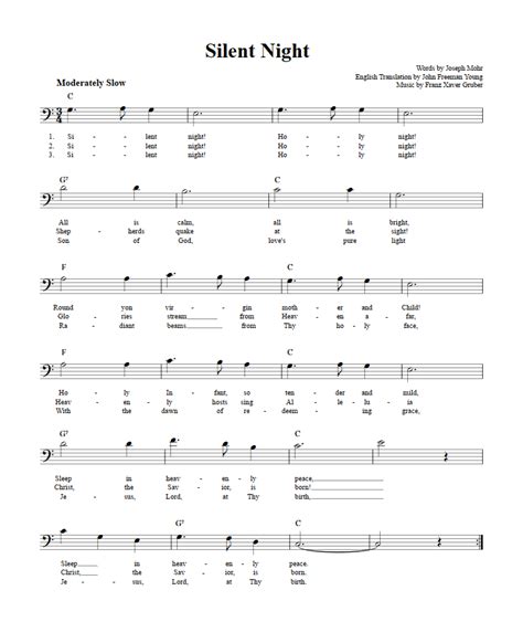 Silent Night Bass Clef Instrument Sheet Music (Lead Sheet) with Chords and Lyrics