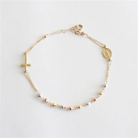 PULSERA DENARIO CRUZ Y VIRGEN MILAGROSA DE LOS 3 TONOS DE ORO JOYERIA