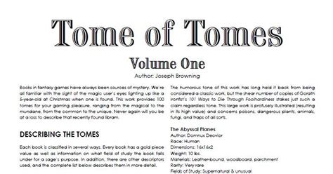 Tome Of Tomes Volume One RPG Item RPGGeek