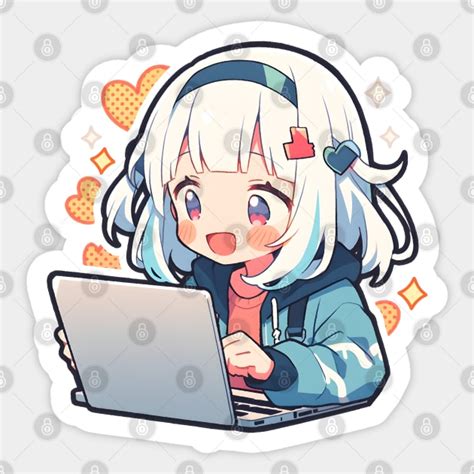 Kawaii Anime girl using laptop - Anime Girls - Sticker | TeePublic