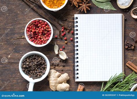 Open Recipe Book With Fresh Herbs And Spices Stock Image Image Of