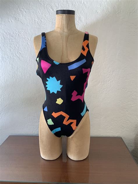 Vintage Retro1980s Gilda Marx Swimwear Black Neon Co… Gem