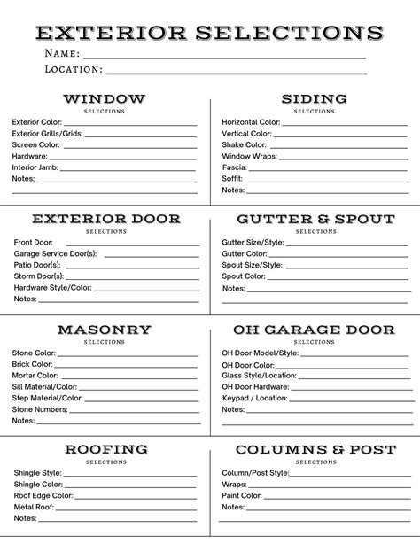 Exterior House Design Selection Sheet Printable Builder Color