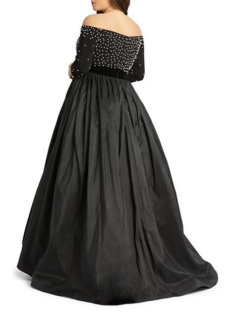 Mac Duggal Plus Off The Shoulder Faux Pearl And Taffeta Ball Gown On Sale