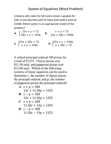 System Of Equations Word Problems Ashley Sumter Library