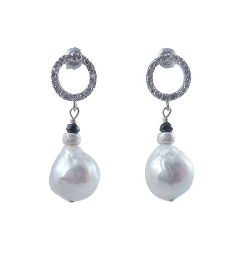 Pearl earrings black spinel . White pearl jewelry features ripple pearls