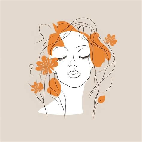 Retrato Abstrato De Mulher Flores Em Estilo Minimalista Desenho De