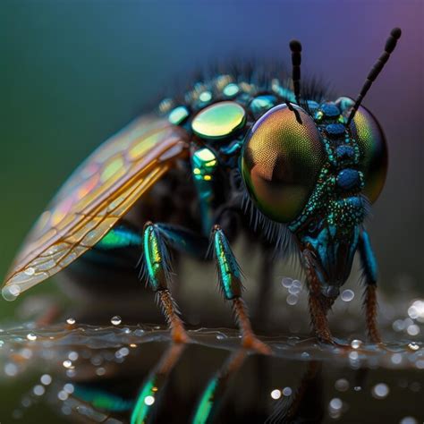 Tiro macro de uma mosca em um fundo verde gotas de água generative