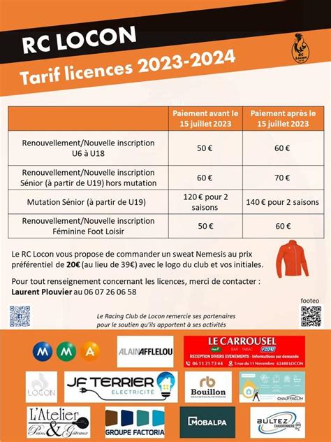 Actualité Tarifs licence saison 2023 2024 club Football RC LOCON