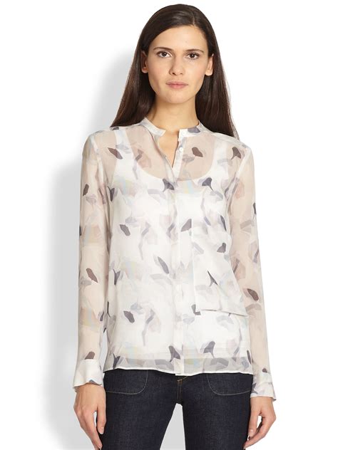 Lyst Theory Brindan Silk Chiffon Printed Blouse In Natural