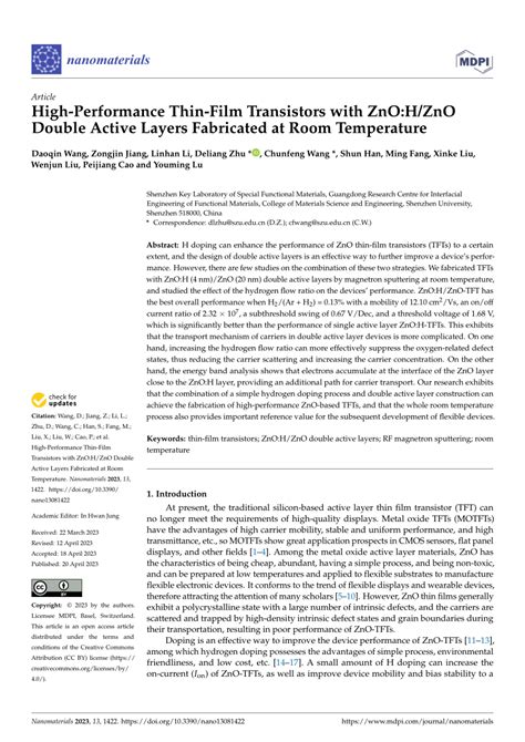 PDF High Performance Thin Film Transistors With ZnO H ZnO Double