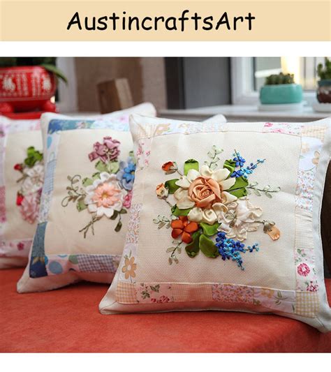 Embroidered Pillow Case Kits Floral Silk Ribbon Embroidery Cushion Kit Diy Embroidery Cross