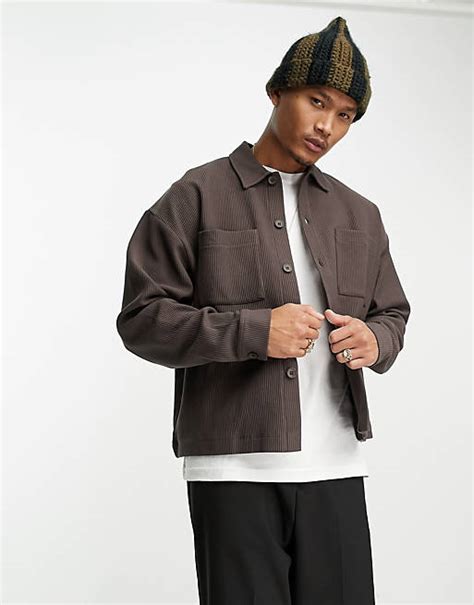 Asos Design Oversized Boxy Fit Ribbed Jacket In Brown Asos