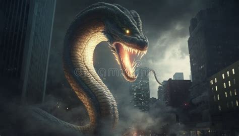 Serpiente Gigante Destruyendo Una Ciudad Stock de ilustración