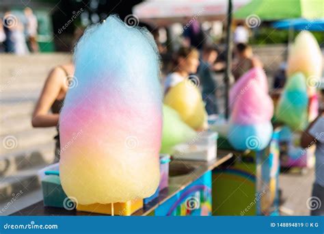 Bright Big Multicolored Cotton Candy Sweet At City Park During Summer