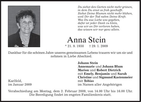 Traueranzeigen Von Anna Stein Trauer Merkur De