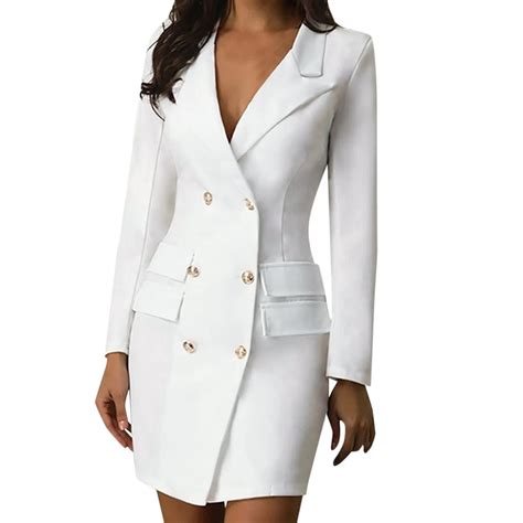 Elegant Long Sleeved Blazer Dress White Double Breasted Bodycon Pencil