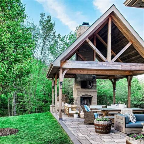 Stone Patio Fireplace With Large Pergola Soul Lane