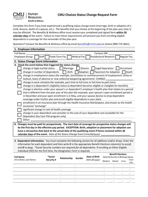 Fillable Online Cmich Cmu Choices Status Change Request Form Fax Email