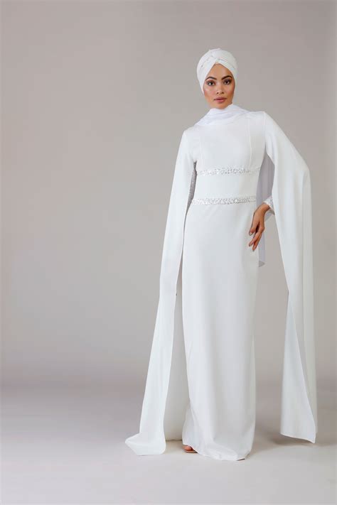 White Ecru Fully Lined Crew Neck Muslim Evening Dress Muslim