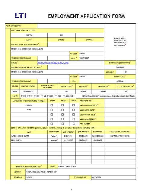 lti employment application form blank