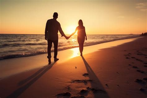 Pareja Irreconocible Caminando De La Mano En Una Playa De Arena Al